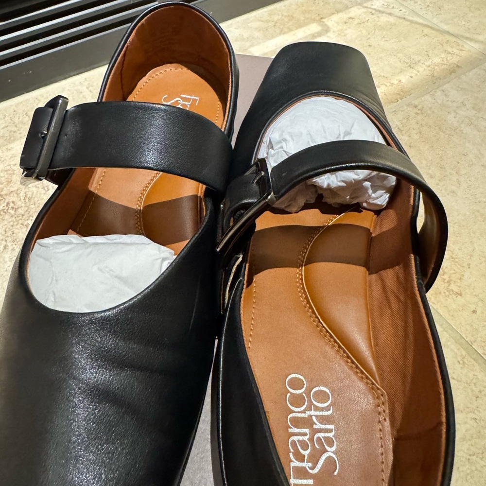 Franco Sarto Black Leather Flats with Buckle